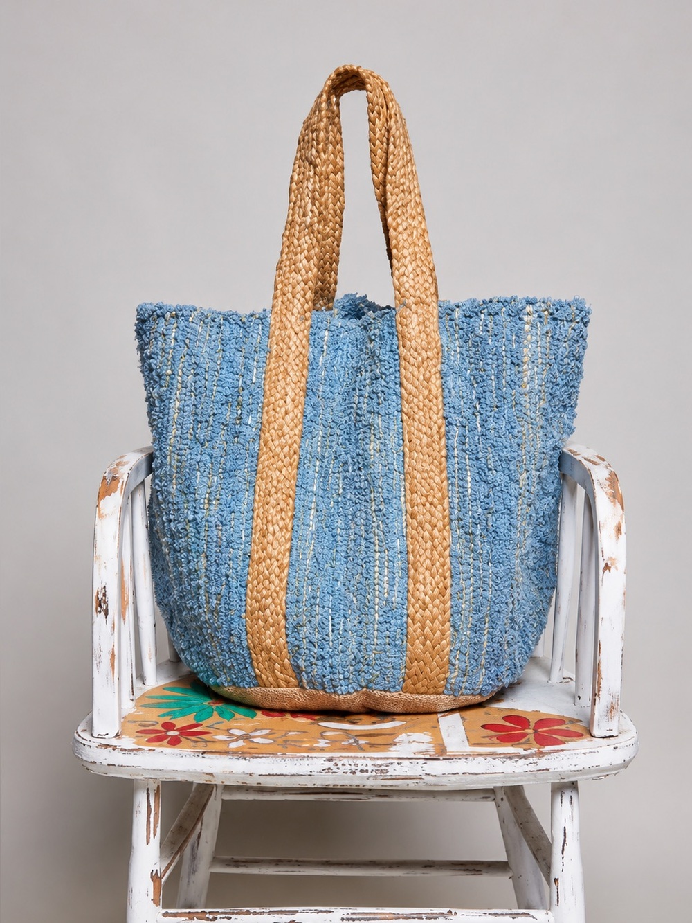 POL Handwoven Blue Tote with Natural Straw Handles